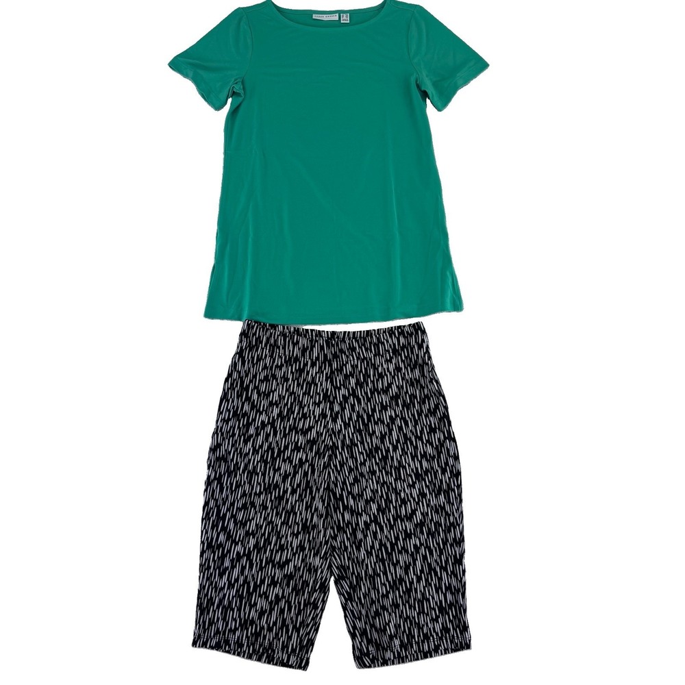 Susan Graver Liquid Knit Short Sleeve Top & Shorts Set XXS Jade/Black